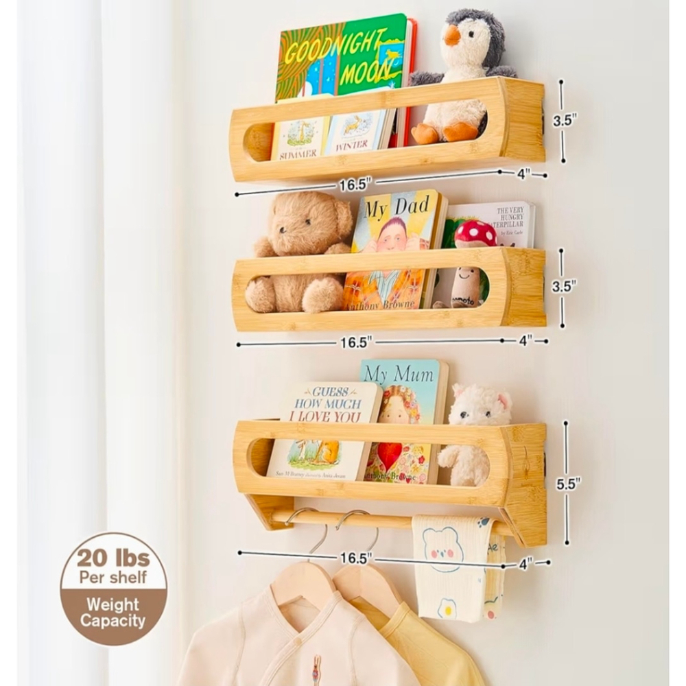 Nursery Book Shelves, Premium Bamboo Wood, Fully Assembled - Nursery Decor, Book - Picture 2 of 8